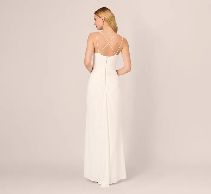 Long Dresses Womens Adrianna Papell Draped Matte Jersey Gown With Deep Slit And Spaghetti Straps In Ivory