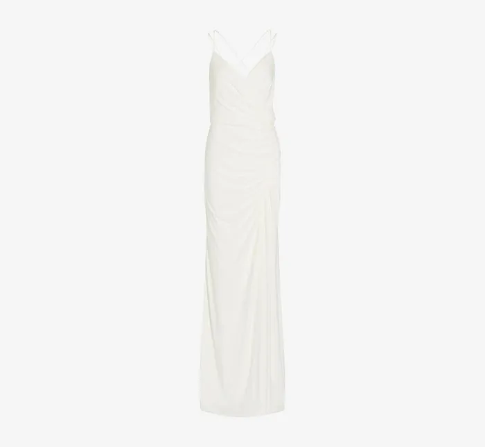 Long Dresses Womens Adrianna Papell Draped Matte Jersey Gown With Deep Slit And Spaghetti Straps In Ivory