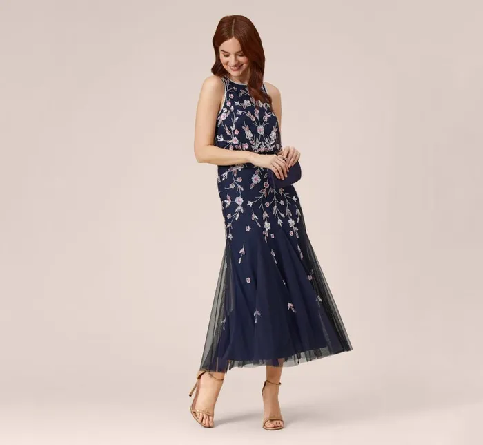 Long Dresses Womens Adrianna Papell Floral Beaded Blouson Tea Length Dress In Navy Blush