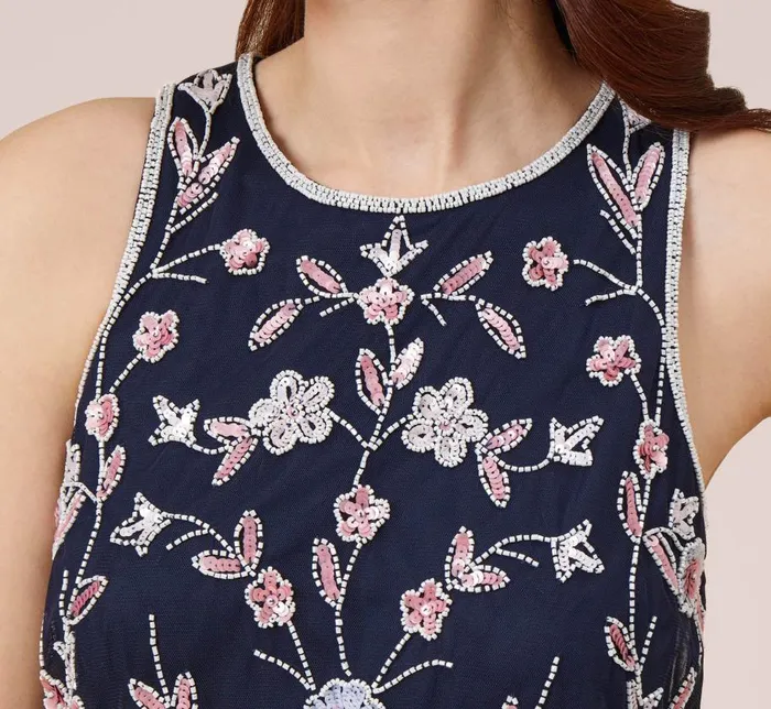 Long Dresses Womens Adrianna Papell Floral Beaded Blouson Tea Length Dress In Navy Blush