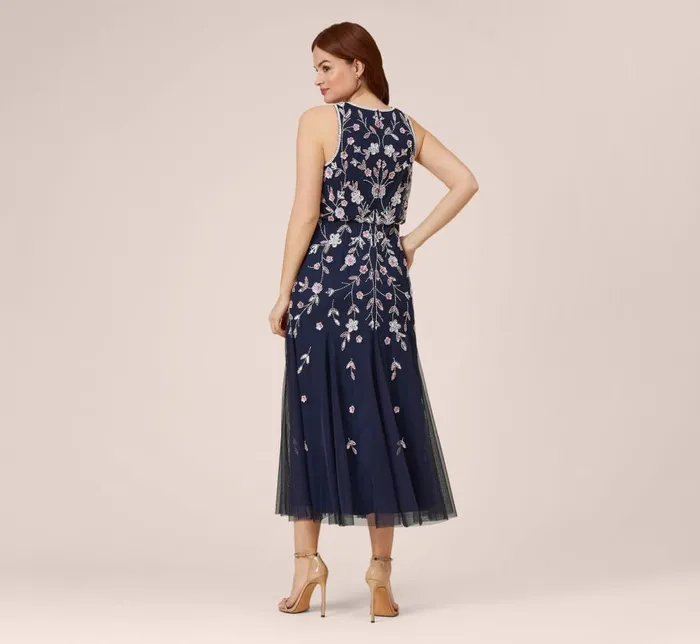 Long Dresses Womens Adrianna Papell Floral Beaded Blouson Tea Length Dress In Navy Blush