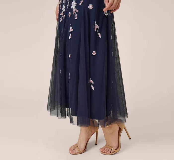 Long Dresses Womens Adrianna Papell Floral Beaded Blouson Tea Length Dress In Navy Blush
