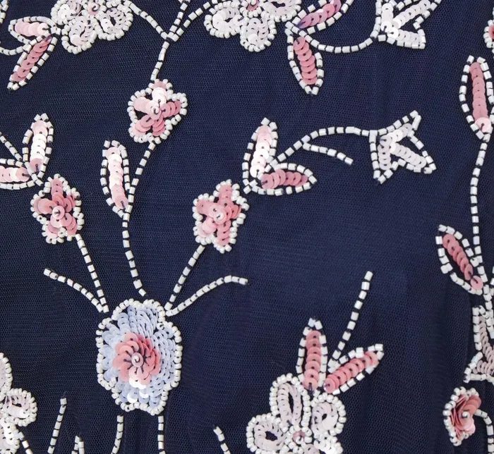 Long Dresses Womens Adrianna Papell Floral Beaded Blouson Tea Length Dress In Navy Blush