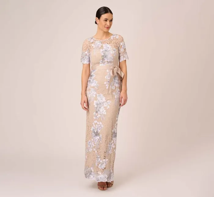 Long Dresses Womens Adrianna Papell Floral Embroidered Gown In Biscotti Multi Long Dresses Womens Adrianna Papell Floral Embroidered Gown In Biscotti Multi