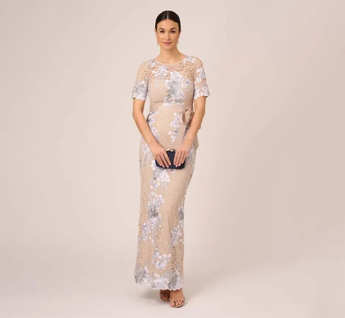 Long Dresses Womens Adrianna Papell Floral Embroidered Gown In Biscotti Multi
