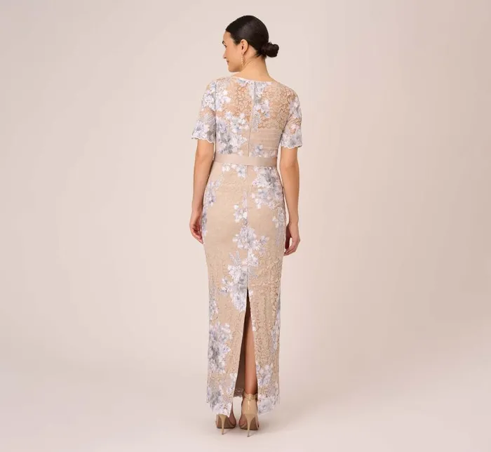 Long Dresses Womens Adrianna Papell Floral Embroidered Gown In Biscotti Multi