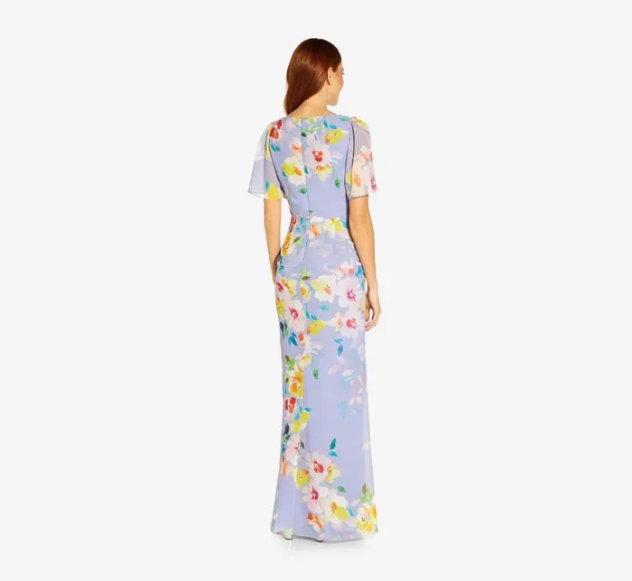 Long Dresses Womens Adrianna Papell Floral Print Chiffon Long Gown In Peri Multi