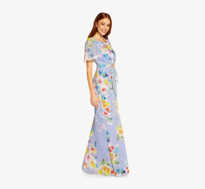 Long Dresses Womens Adrianna Papell Floral Print Chiffon Long Gown In Peri Multi