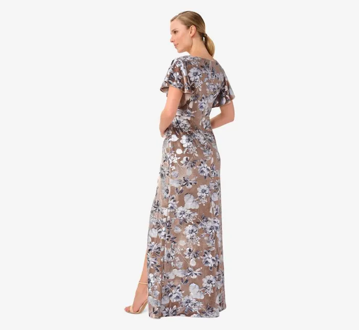 Long Dresses Womens Adrianna Papell Foil FloralPrint Velvet Long Gown In Taupe