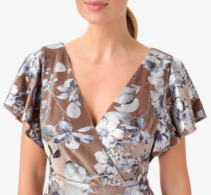 Long Dresses Womens Adrianna Papell Foil FloralPrint Velvet Long Gown In Taupe