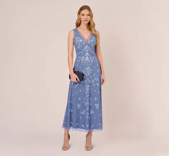 Long Dresses Womens Adrianna Papell HandBeaded AnkleLength Dress In French Blue