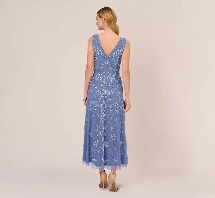 Long Dresses Womens Adrianna Papell HandBeaded AnkleLength Dress In French Blue