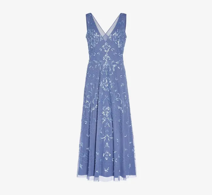 Long Dresses Womens Adrianna Papell HandBeaded AnkleLength Dress In French Blue