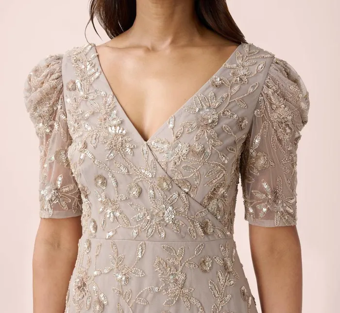 Long Dresses Womens Adrianna Papell HandBeaded Long Gown With Elbow Sleeves In Marble
