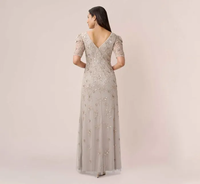 Long Dresses Womens Adrianna Papell HandBeaded Long Gown With Elbow Sleeves In Marble