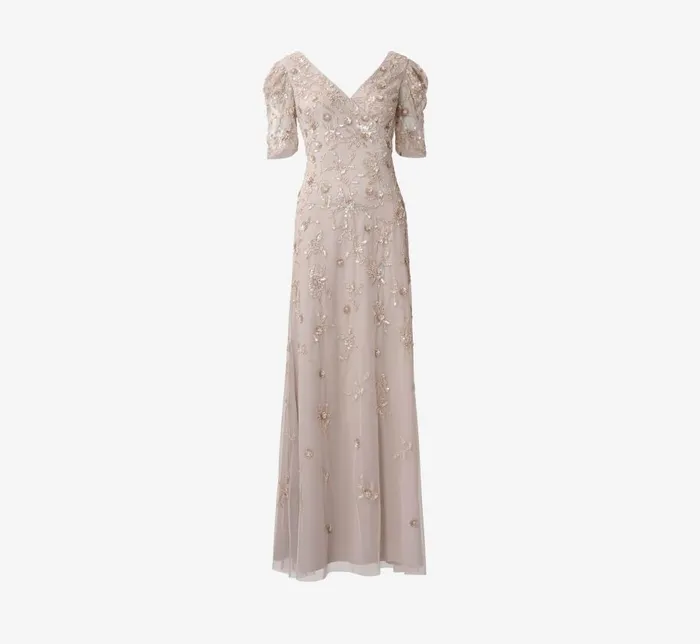 Long Dresses Womens Adrianna Papell HandBeaded Long Gown With Elbow Sleeves In Marble