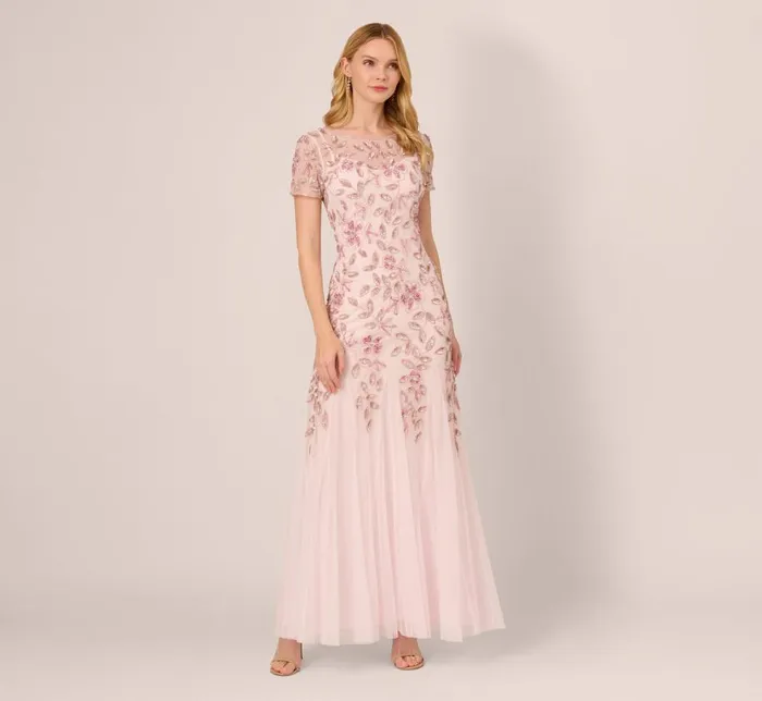 Long Dresses Womens Adrianna Papell Hand Beaded Short Sleeve Floral Godet Gown In Blush Pink