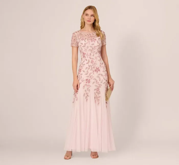 Long Dresses Womens Adrianna Papell Hand Beaded Short Sleeve Floral Godet Gown In Blush Pink