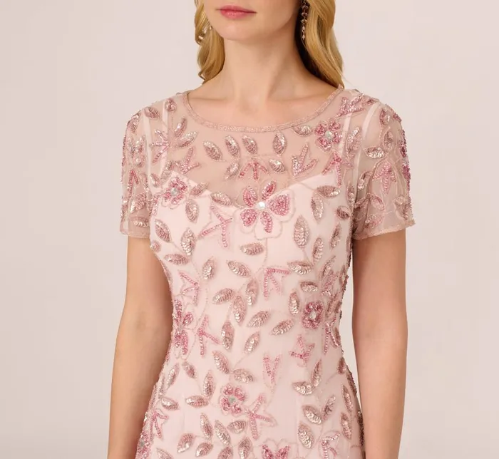 Long Dresses Womens Adrianna Papell Hand Beaded Short Sleeve Floral Godet Gown In Blush Pink