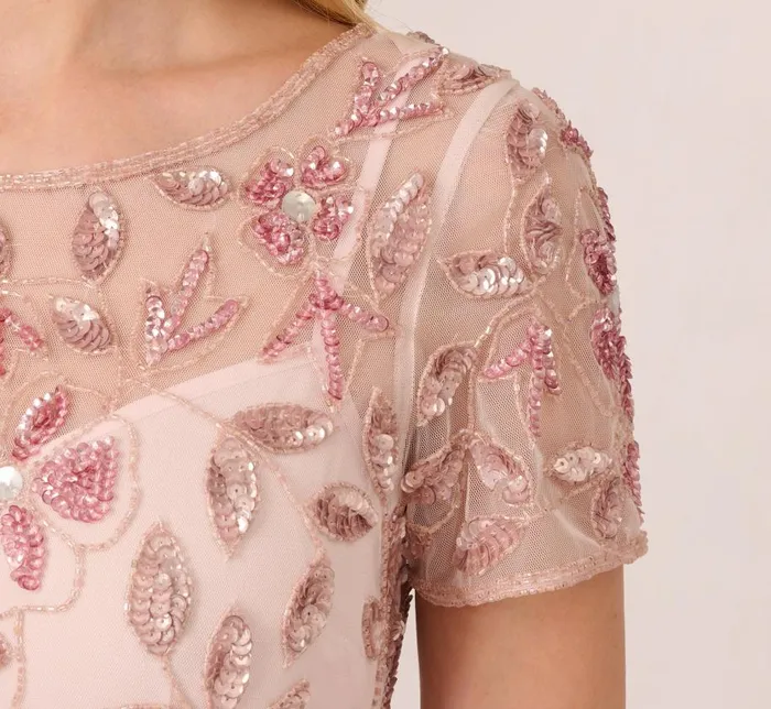 Long Dresses Womens Adrianna Papell Hand Beaded Short Sleeve Floral Godet Gown In Blush Pink