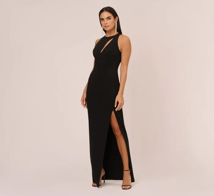 Long Dresses Womens Adrianna Papell Knit Crepe Sleeveless Column Gown With Cutout Neckline In Black Long Dresses Womens Adrianna Papell Knit Crepe Sleeveless Column Gown With Cutout Neckline In Black
