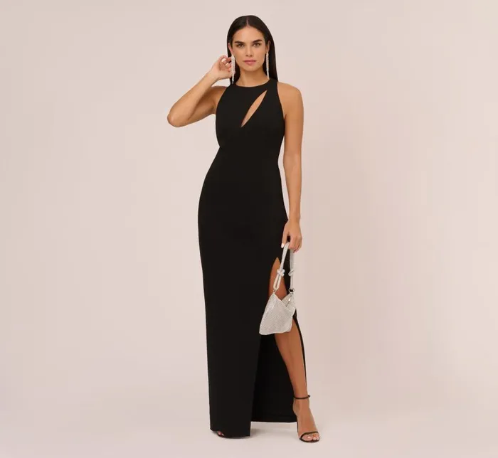 Long Dresses Womens Adrianna Papell Knit Crepe Sleeveless Column Gown With Cutout Neckline In Black