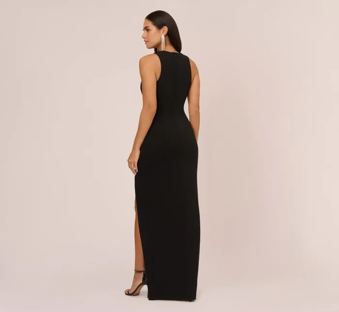 Long Dresses Womens Adrianna Papell Knit Crepe Sleeveless Column Gown With Cutout Neckline In Black