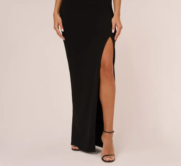 Long Dresses Womens Adrianna Papell Knit Crepe Sleeveless Column Gown With Cutout Neckline In Black