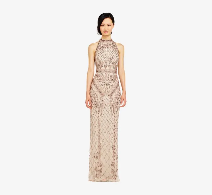 Long Dresses Womens Adrianna Papell Mock Neck Beaded Column Dress With TBack In Biscotti Long Dresses Womens Adrianna Papell Mock Neck Beaded Column Dress With TBack In Biscotti