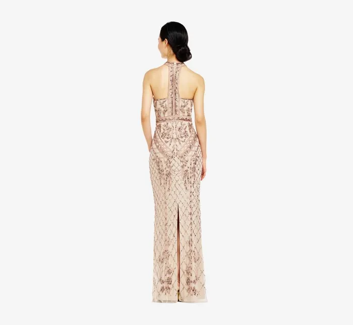 Long Dresses Womens Adrianna Papell Mock Neck Beaded Column Dress With TBack In Biscotti
