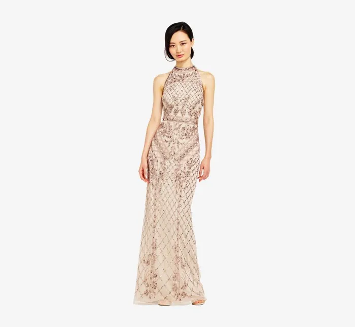 Long Dresses Womens Adrianna Papell Mock Neck Beaded Column Dress With TBack In Biscotti