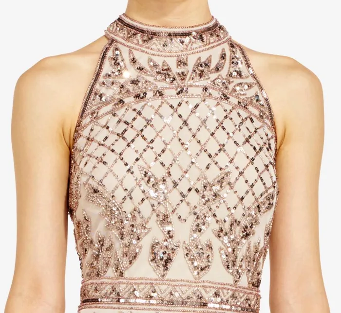 Long Dresses Womens Adrianna Papell Mock Neck Beaded Column Dress With TBack In Biscotti