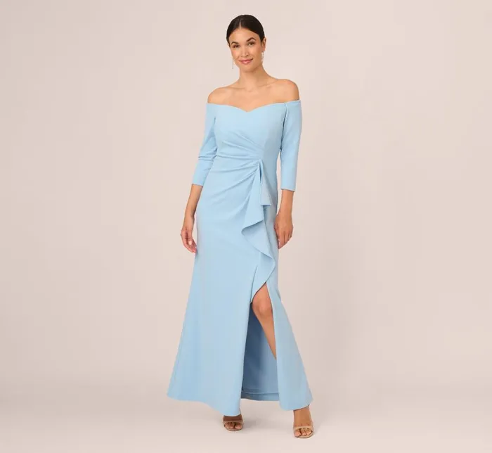 Long Dresses Womens Adrianna Papell Off The Shoulder Cascading Ruffle Gown In Blue Mist Long Dresses Womens Adrianna Papell Off The Shoulder Cascading Ruffle Gown In Blue Mist