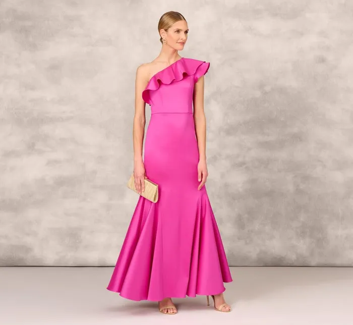 Long Dresses Womens Adrianna Papell One Shoulder Mermaid Gown With Ruffle Details In Magenta