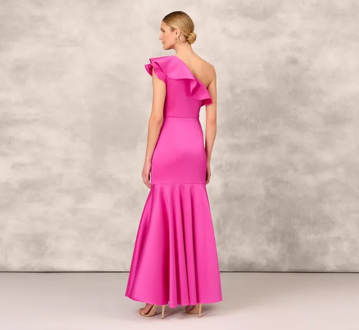 Long Dresses Womens Adrianna Papell One Shoulder Mermaid Gown With Ruffle Details In Magenta