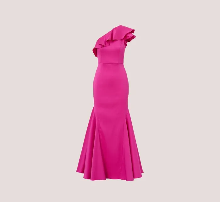 Long Dresses Womens Adrianna Papell One Shoulder Mermaid Gown With Ruffle Details In Magenta