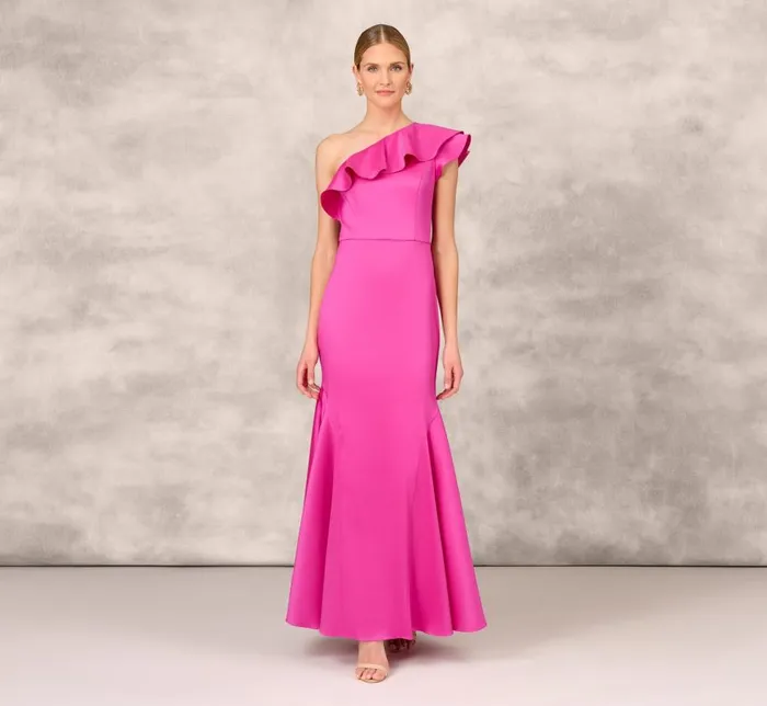 Long Dresses Womens Adrianna Papell One Shoulder Mermaid Gown With Ruffle Details In Magenta