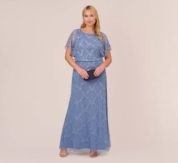 Long Dresses Womens Adrianna Papell Plus Size HandBeaded Blouson Long Gown With Flutter Sleeves In French Blue Long Dresses Womens Adrianna Papell Plus Size HandBeaded Blouson Long Gown With Flutter Sleeves In French Blue