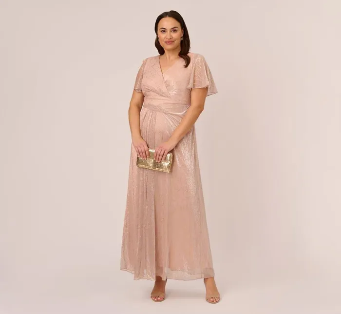 Long Dresses Womens Adrianna Papell Plus Size Metallic Mesh Draped Gown In Rose Gold