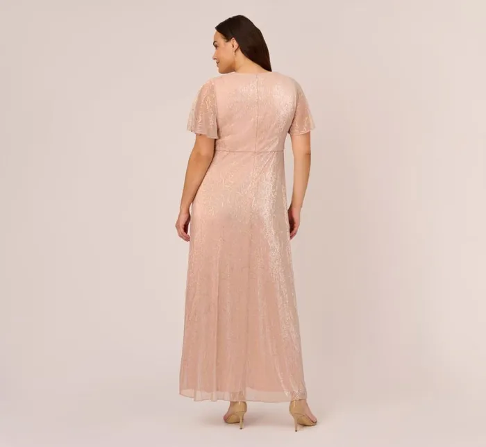 Long Dresses Womens Adrianna Papell Plus Size Metallic Mesh Draped Gown In Rose Gold