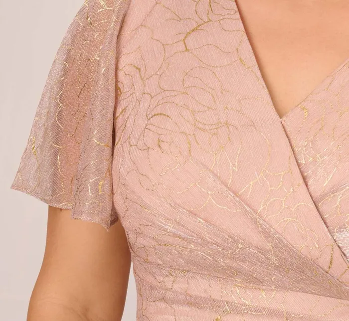 Long Dresses Womens Adrianna Papell Plus Size Metallic Mesh Draped Gown In Rose Gold