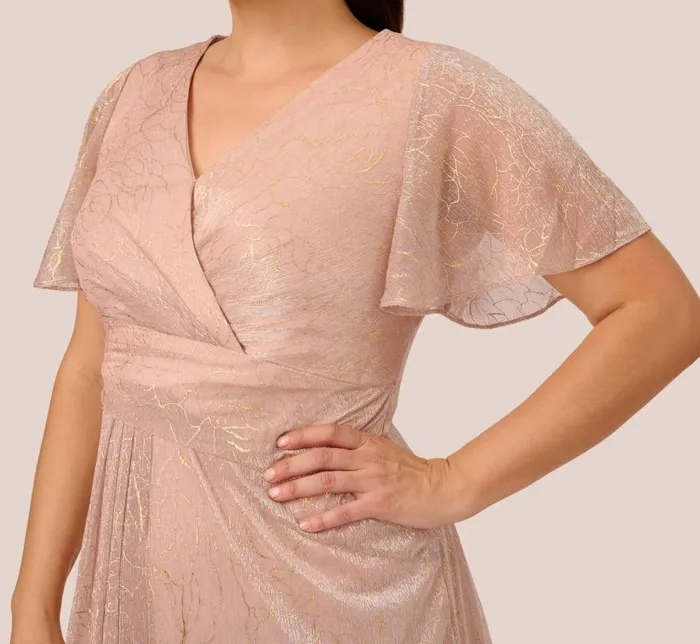 Long Dresses Womens Adrianna Papell Plus Size Metallic Mesh Draped Gown In Rose Gold