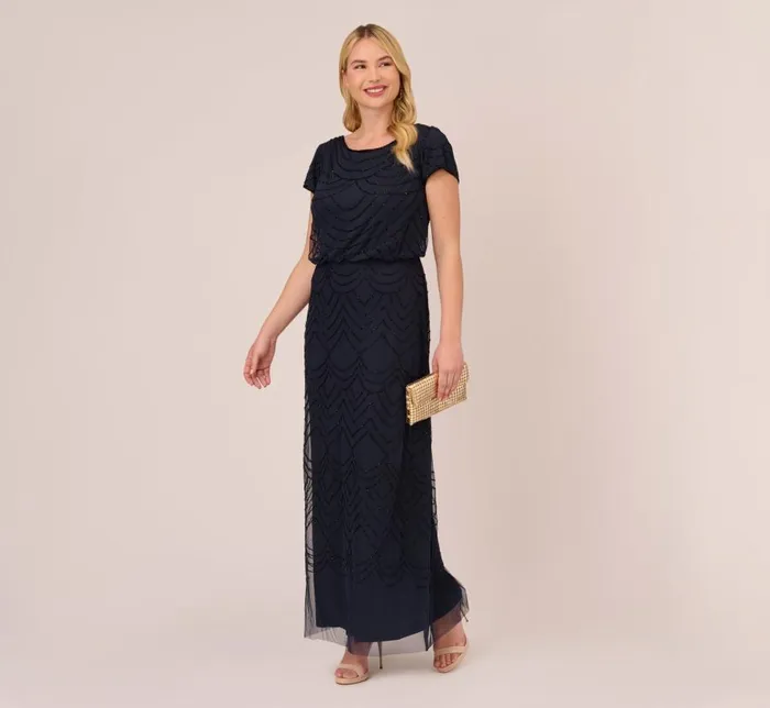 Long Dresses Womens Adrianna Papell Plus Size Short Sleeve Beaded Blouson Gown In Navy Black