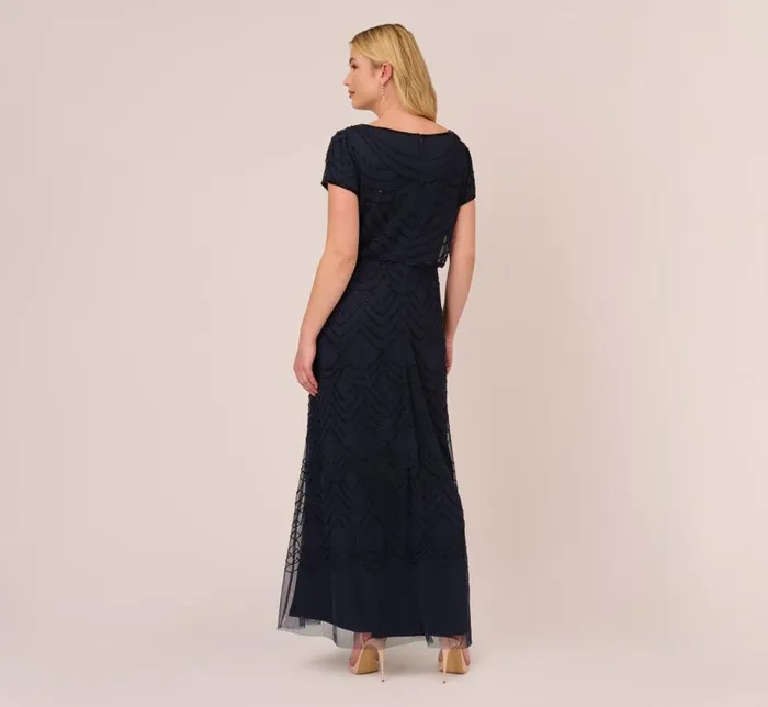 Long Dresses Womens Adrianna Papell Plus Size Short Sleeve Beaded Blouson Gown In Navy Black