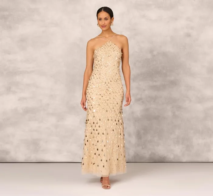 Long Dresses Womens Adrianna Papell Sequin Beaded Mermaid Gown With Halter Neckline In Gold Long Dresses Womens Adrianna Papell Sequin Beaded Mermaid Gown With Halter Neckline In Gold
