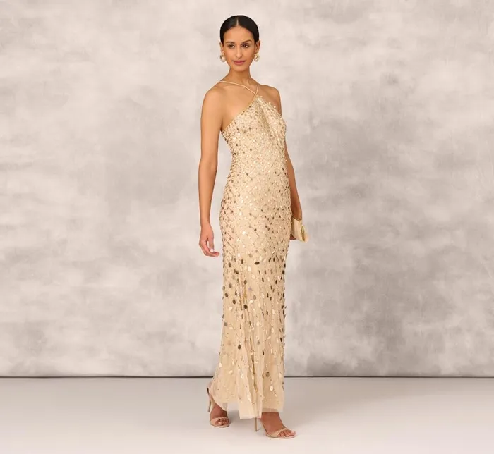 Long Dresses Womens Adrianna Papell Sequin Beaded Mermaid Gown With Halter Neckline In Gold
