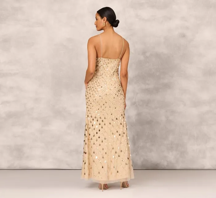 Long Dresses Womens Adrianna Papell Sequin Beaded Mermaid Gown With Halter Neckline In Gold