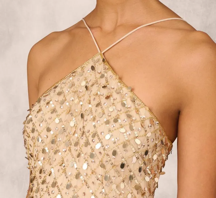 Long Dresses Womens Adrianna Papell Sequin Beaded Mermaid Gown With Halter Neckline In Gold