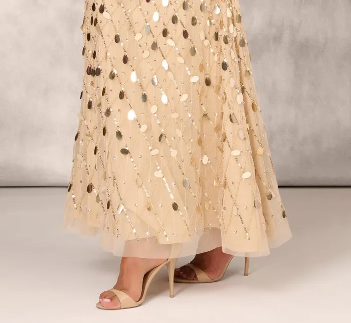 Long Dresses Womens Adrianna Papell Sequin Beaded Mermaid Gown With Halter Neckline In Gold