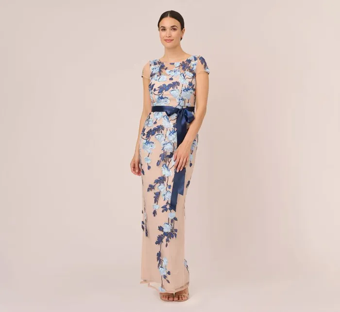 Long Dresses Womens Adrianna Papell Short Sleeve Floral Embroidered Gown With Ribbon Tie Waist In Midnight Multi Nude Long Dresses Womens Adrianna Papell Short Sleeve Floral Embroidered Gown With Ribbon Tie Waist In Midnight Multi Nude